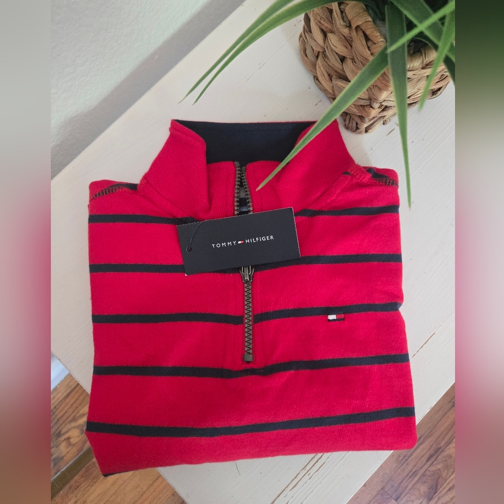 NWT Kids Pullover Tommy Hilfiger Red and Black Striped Sweater Size 4